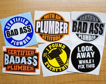 6-pack Funny Hard Hat Stickers | Bad Ass Plumber Attitude Sarcastic Laborer Look Away I Pound Everything Decals Plumbing Safety First