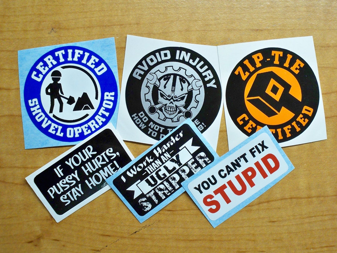 6-pack Funny Hard Hat Stickers Shovel Operator Avoid Injury Zip-tie
