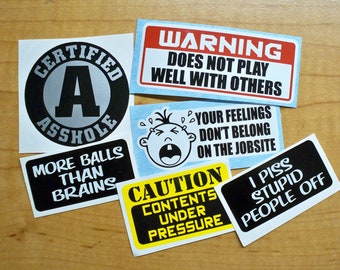 6-pack Funny Hard Hat Stickers | A-Hole Feelings Dont Belong on Jobsite More Balls Stupid People Sarcastic Foreman Laborer Helmet Decals