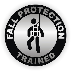 FALL PROTECTION Trained Vinyl Hard Hat Sticker | Motorcycle Welding Welder Helmet Mechanics Decal | Toolbox Lunchbox Label Stickers Harness