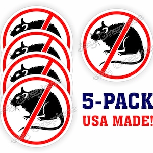 Peut inclure: Cinq autocollants ronds rouges et blancs avec une silhouette noire d'un rat avec une ligne diagonale rouge qui le traverse. Le texte "5-PACK USA MADE!" est en lettres bleues sous les autocollants.