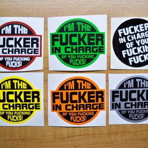 6-pack Funny Hard Hat Stickers | F**KER In Charge of You Vinyl Decals Hardhats Helmets Welding Foreman Laborer Safety Bossman Construction