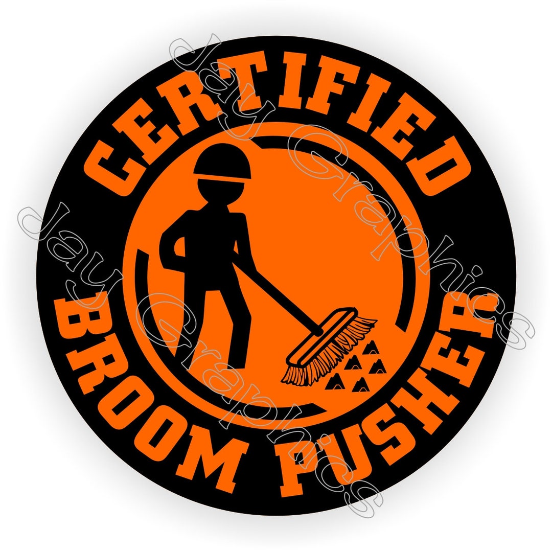 Funny Broom Pusher Hard Hat Stickers - 2 Pack - Sweeper Safety Helmet Decals