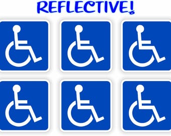 Paquete de 6 - Calcomanías de vinilo reflectantes en miniatura de 1 pulgada x 1 pulgada con símbolos para discapacitados, etiquetas con emblemas y emblemas para discapacitados con acceso para sillas de ruedas