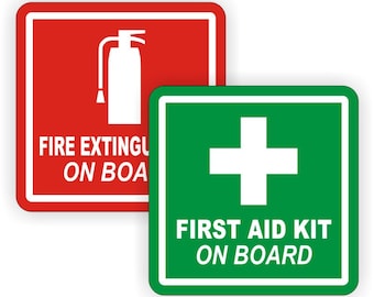 pair - Fire Extinguisher & First Aid Kit On Board Square Vinyl Stickers | 2-inch or 3-inch Decals Labels Warning Danger Notice Signs