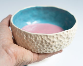 ceramic handmade bowl with blue and pink