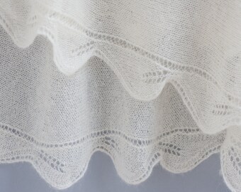 Knit woolen shawl for bride, wedding winter wrap, white lacy shawl, wedding cape, openwork bottom shawl, dress cover up, leaf lace knit