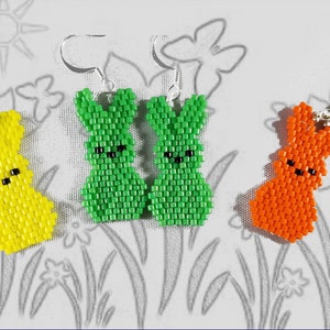 Spring or Easter pattern for making bunny earrings, brick stitch beading pattern intermediate level, some skill required.