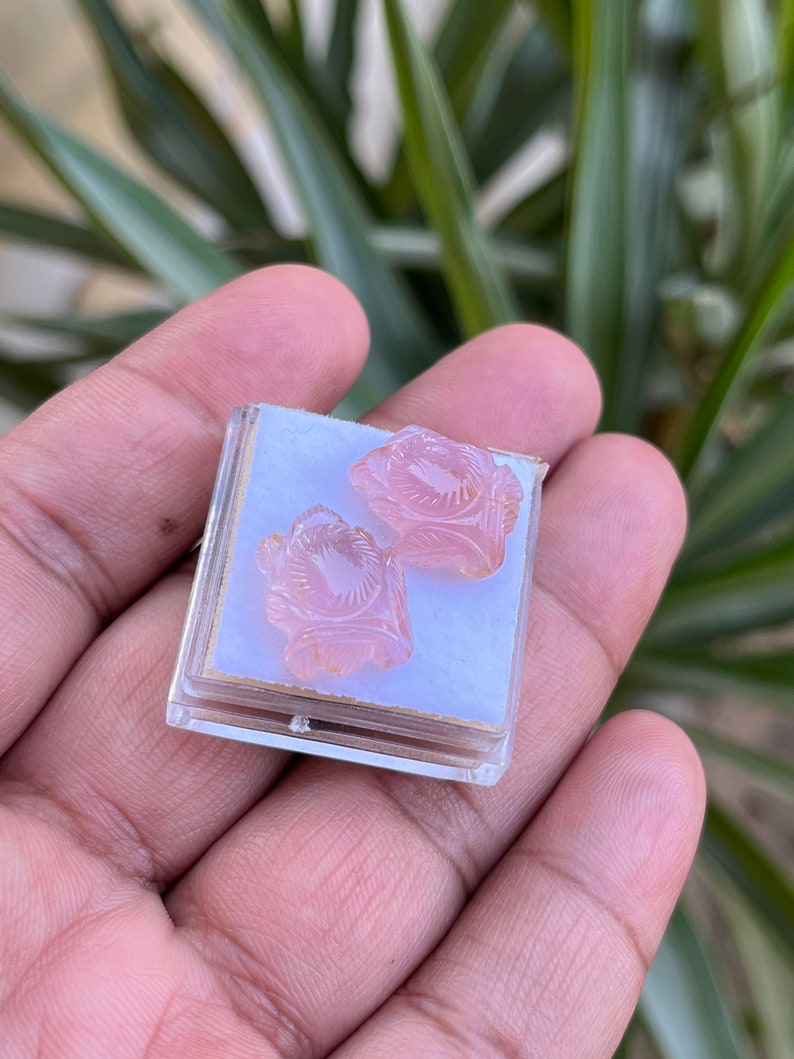 K&ouml;nnte beinhalten: Ein Paar rosa geschnitzte Rosenohrringe in einer kleinen durchsichtigen Plastikbox.