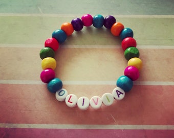 Gifts for children, Wooden Bead Bracelet, Rainbow Name Bracelet, personalised jewellery, stretch bracelet, gifts for her, letter jewellery