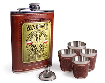 Polen Flachmann Geschenk Set - 210g Edelstahl Flachmann mit Schnapsgläsern