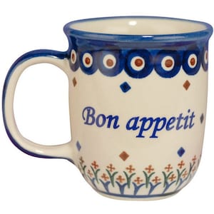 Polish Pottery - Bilingual Mug with word SMACZNEGO on one side and BON APPETIT on the other, Hand decorated, 12oz