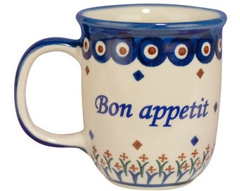 Cerámica polaca - Taza bilingue con palabra SMACZNEGO en un lado y BON APPETIT por el otro, decorada a mano, 12oz