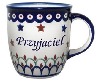 Taza de cerámica polaca de 12 oz para café o té - PRZYJACIEL, FRIEND (M)
