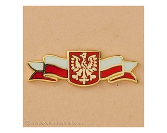Peut inclure: Une épingle dorée avec un ruban rouge et blanc représentant les armoiries polonaises, un aigle blanc avec une couronne dorée sur un écu rouge.