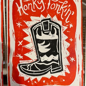 Honky Tonk Cowboy Boot Handmade Linoldruck A5 auf Karte