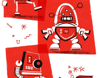 May include: Three red robots with black details are dancing on a red background with black stars and musical notes. The robots have different shapes and designs. One robot is holding a record player with records on the floor.