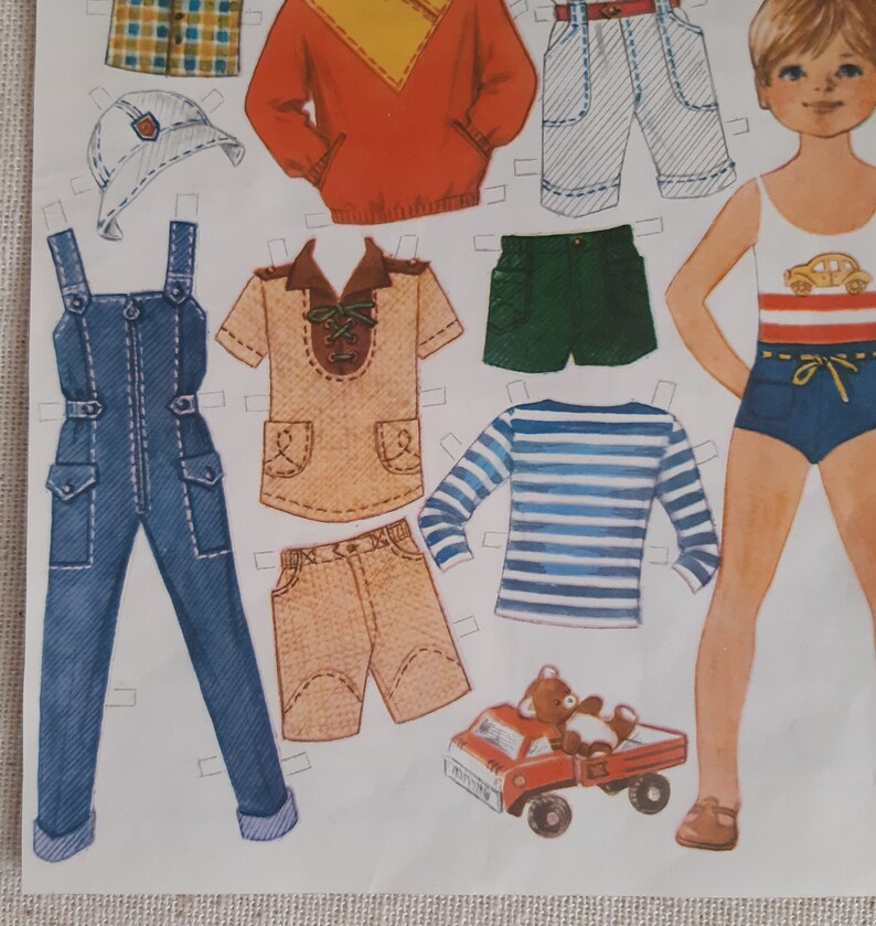 Printable Paper Doll Boy & Outfits / Clothes, Vintage 70s Paper Doll PDF Digital File Printable