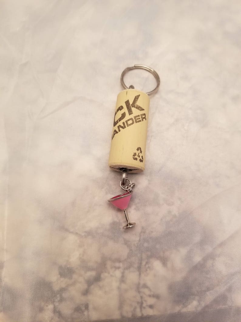 Wine cork keychain with pink glass charm