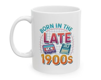 Late 1900s Nostalgia Mug: Cassette & Floppy Disk Design