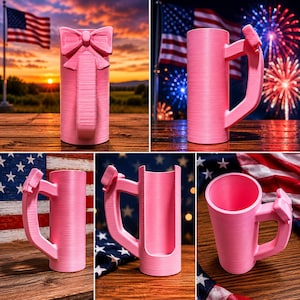 May include: Pink, decorative beer stein with a bow-shaped handle and a bow on the front. The stein is cylindrical with a textured surface. The background includes an American flag, fireworks, and a sunset.