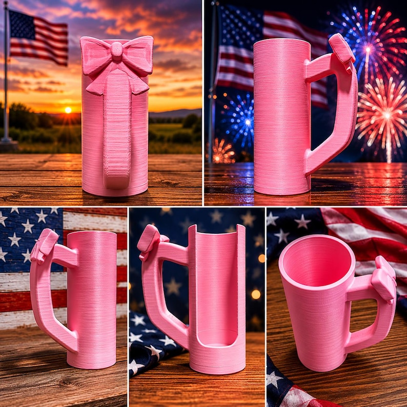 May include: Pink, decorative beer stein with a bow-shaped handle and a bow on the front. The stein is cylindrical with a textured surface. The background includes an American flag, fireworks, and a sunset.