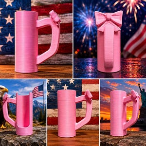 May include: A pink mug with a unique handle and bow-shaped accent. The mug is cylindrical with a large handle and a decorative bow on the top. The mug is made of a solid material and is a vibrant pink color.