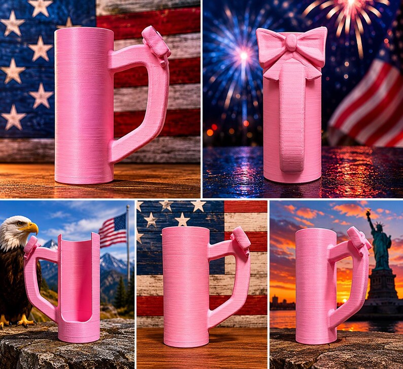 May include: A pink mug with a unique handle and bow-shaped accent. The mug is cylindrical with a large handle and a decorative bow on the top. The mug is made of a solid material and is a vibrant pink color.
