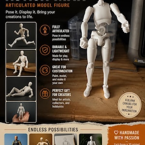 May include: A white articulated model figure with a humanoid form, shown in various poses. The promotional graphic includes the text ACTION MAN, ARTICULATED MODEL FIGURE, and lists features like fully articulated, durable, and lightweight.