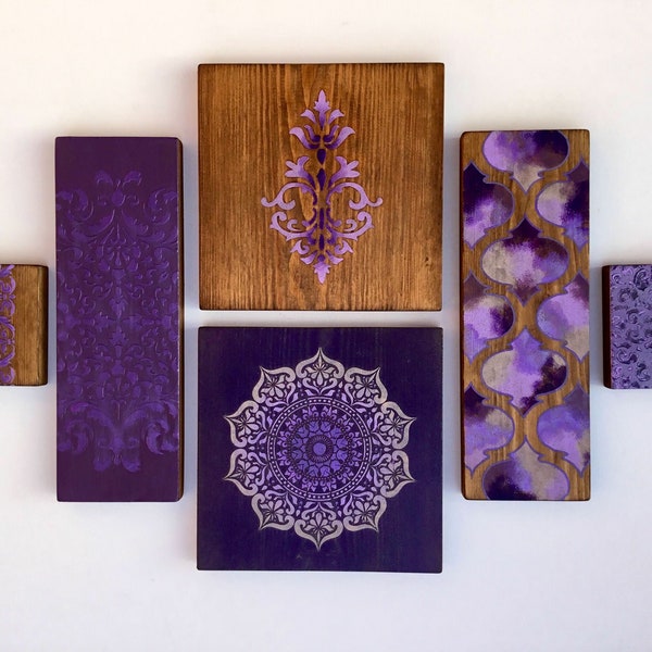 Moroccan wall art . Collage of wooden tiles painted in shades of lilac and purple. Boho bedroom, Indian decor