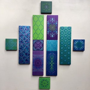 Geometric Wooden Wall Art Collage, Bohemian Decor, Purple, Blue, Green image 1