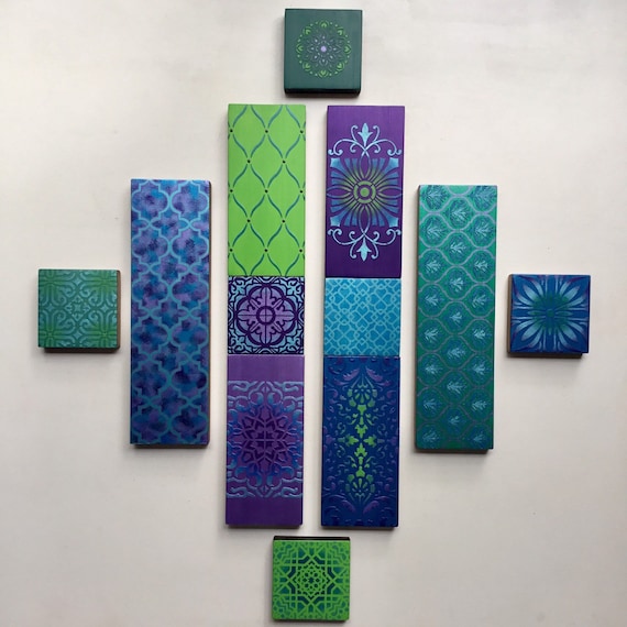 Geometric Wooden Wall Art Collage, Bohemian Decor, Purple, Blue, Green