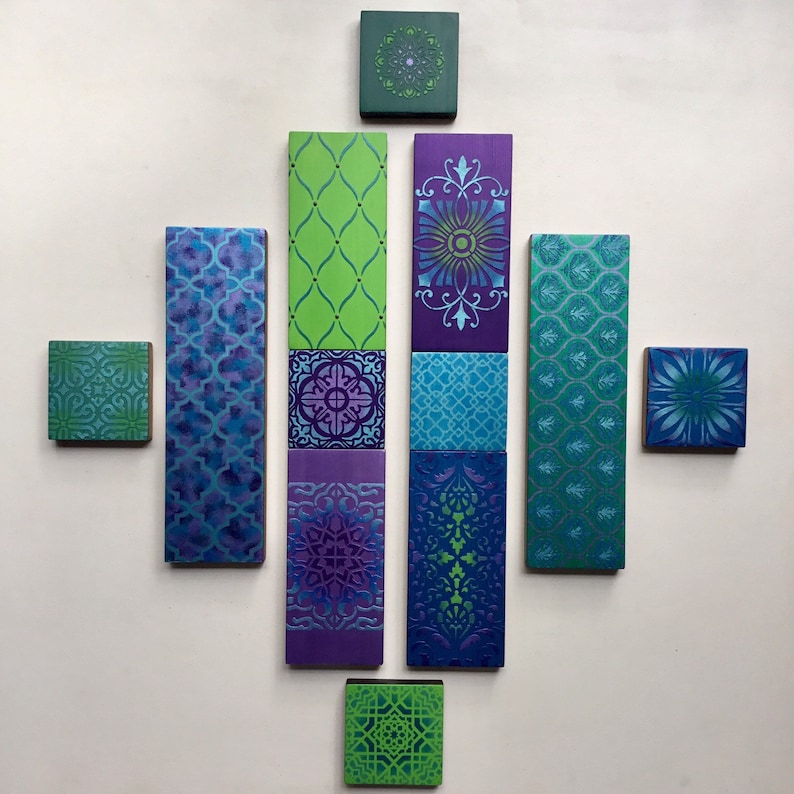 Geometric Wooden Wall Art Collage, Bohemian Decor, Purple, Blue, Green image 1