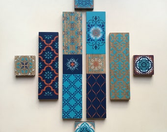 Italian/ Mediterranean wood wall tiles hand painted in navy,terracotta and turquoise