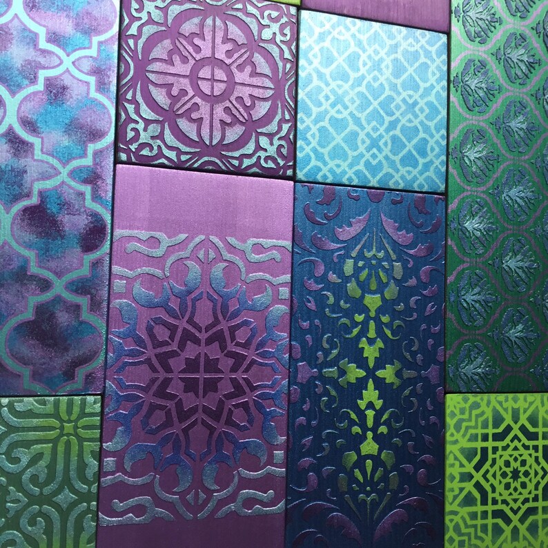 Geometric Wooden Wall Art Collage, Bohemian Decor, Purple, Blue, Green image 8