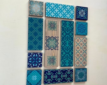 Hand Painted Blue Wood Wall Art: One-of-a-Kind Tile Collage