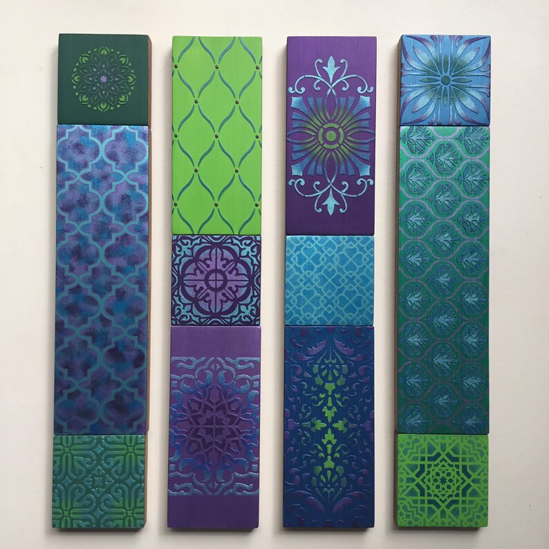 Geometric Wooden Wall Art Collage, Bohemian Decor, Purple, Blue, Green image 6
