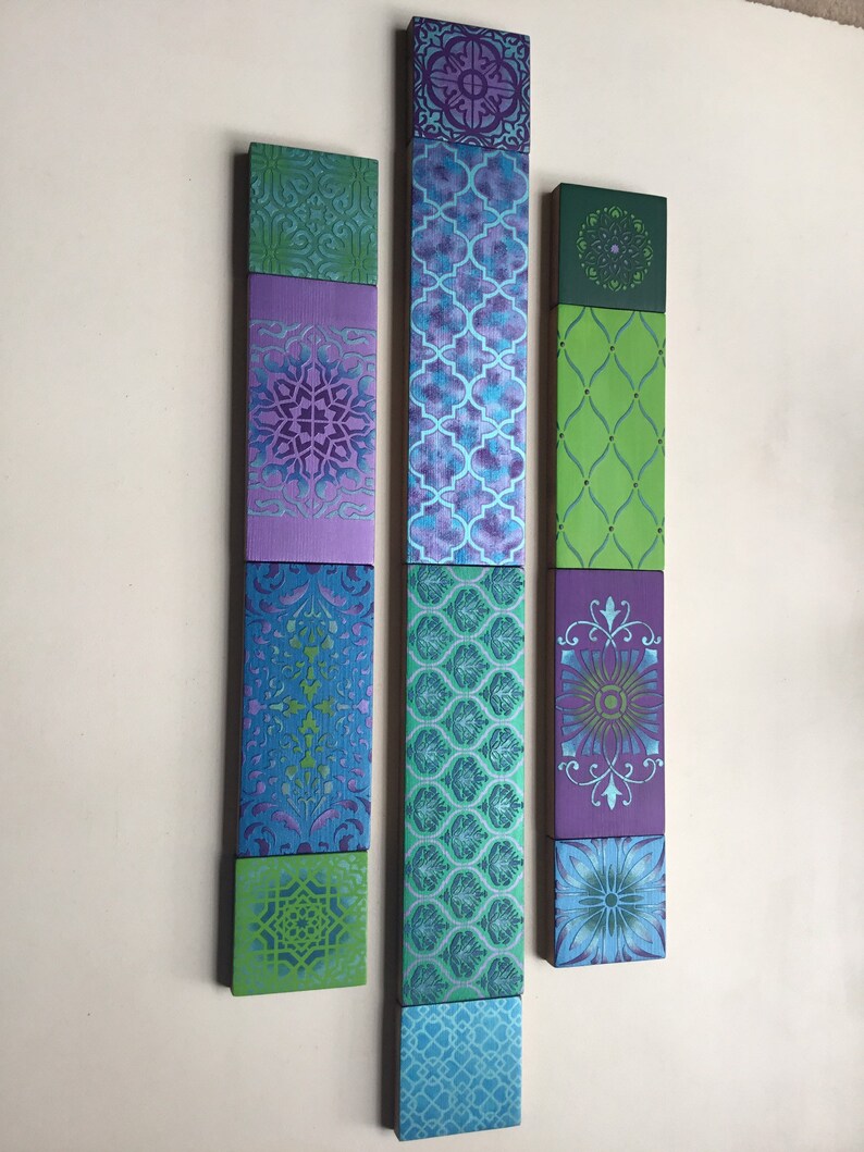 Geometric Wooden Wall Art Collage, Bohemian Decor, Purple, Blue, Green image 3
