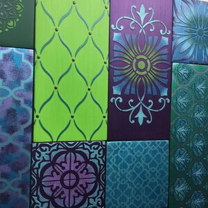 Geometric Wooden Wall Art Collage, Bohemian Decor, Purple, Blue, Green image 7