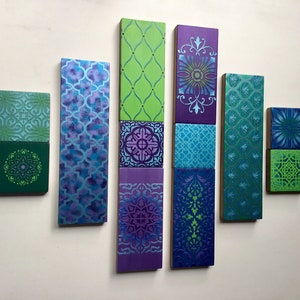 Geometric Wooden Wall Art Collage, Bohemian Decor, Purple, Blue, Green image 4