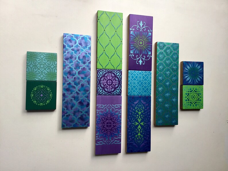 Geometric Wooden Wall Art Collage, Bohemian Decor, Purple, Blue, Green image 4