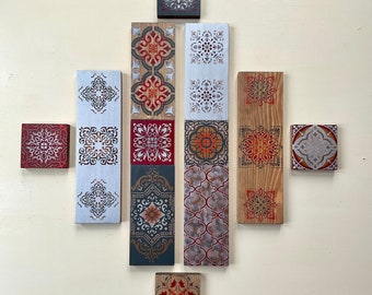 12 hand painted wood wall hangings in silver,grey,red and orange