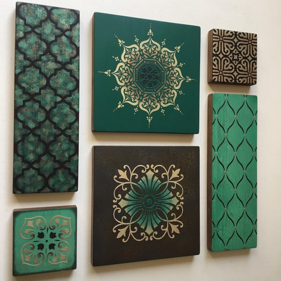 One Off Indian Wall Art In Emerald Green Gold And Black Moroccan Turkish Decor Living Room Bedroom Paintings Collage