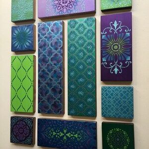 Geometric Wooden Wall Art Collage, Bohemian Decor, Purple, Blue, Green image 2