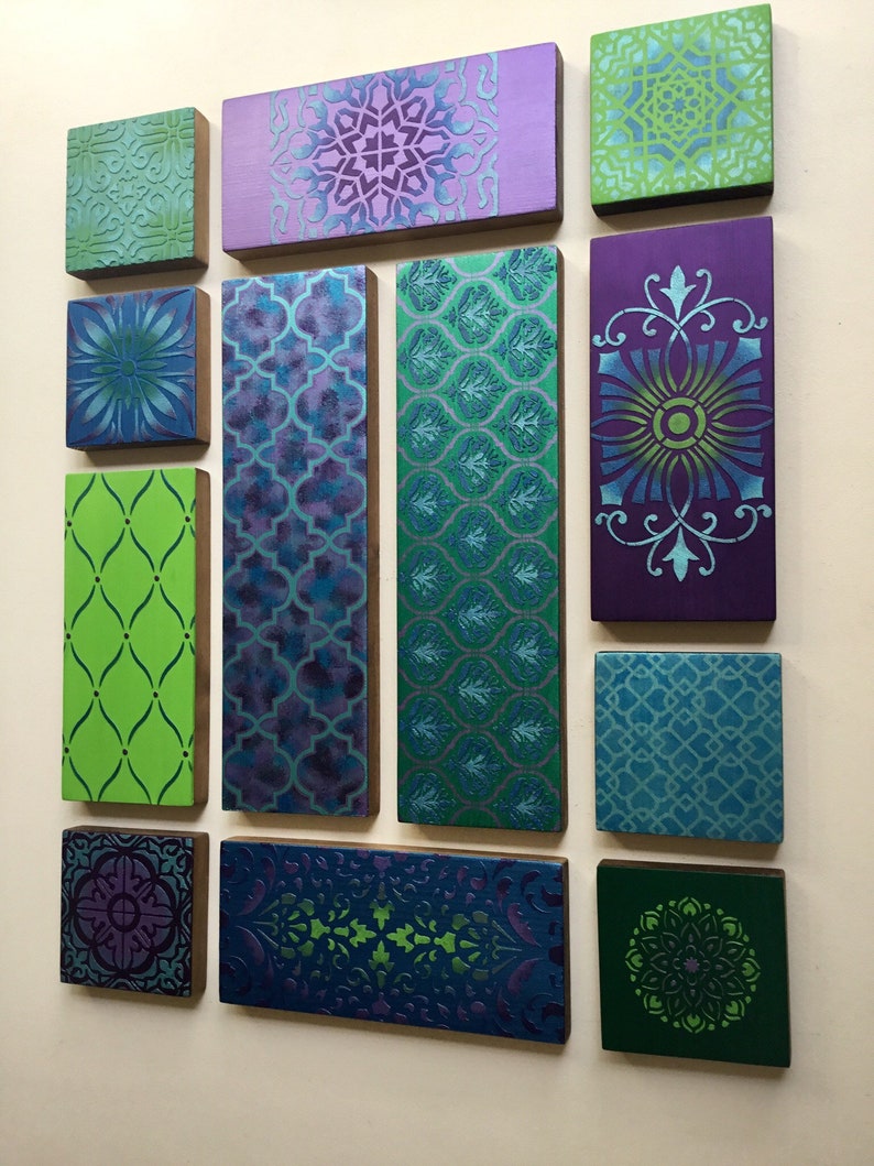 Geometric Wooden Wall Art Collage, Bohemian Decor, Purple, Blue, Green image 2