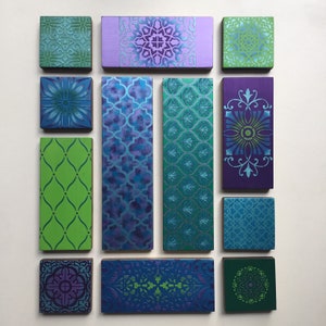 Geometric Wooden Wall Art Collage, Bohemian Decor, Purple, Blue, Green image 5