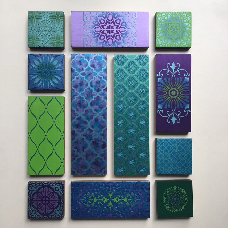 Geometric Wooden Wall Art Collage, Bohemian Decor, Purple, Blue, Green image 5