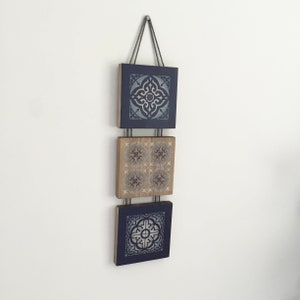 Wood Moroccan tiles hand painted in grey and navy