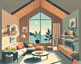 May include: A modern living room interior with a large window overlooking a body of water. The room features a sectional sofa with orange and green throw pillows, a coffee table with a vase of flowers, and a television on a wooden entertainment center. The walls are painted a light blue color and the floor is covered in a light brown rug.