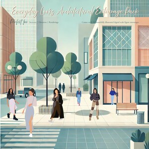May include: A digital illustration of a city street scene with people walking on the sidewalk. The buildings are in a modern style with large windows. There are trees and a bench in the scene. The illustration is in a flat style with bright colors.